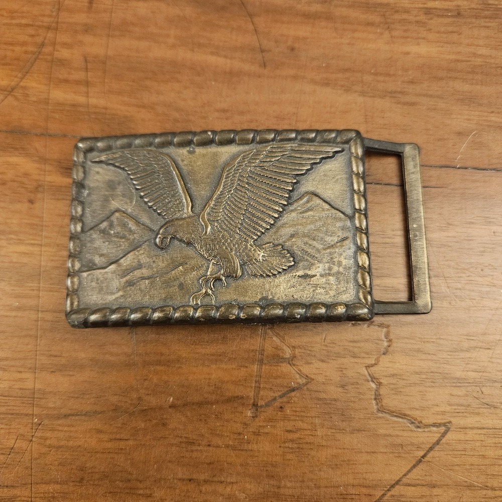 Vintage Brass Belt Buckle Eagle Soaring‎ Mountain Range Bronze Toned Western